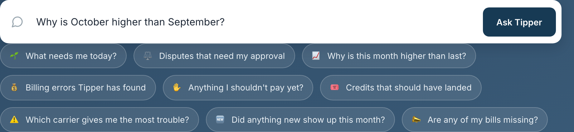 The Ask Tipper box with a typed question, Why is October higher than September, and the suggested questions under it