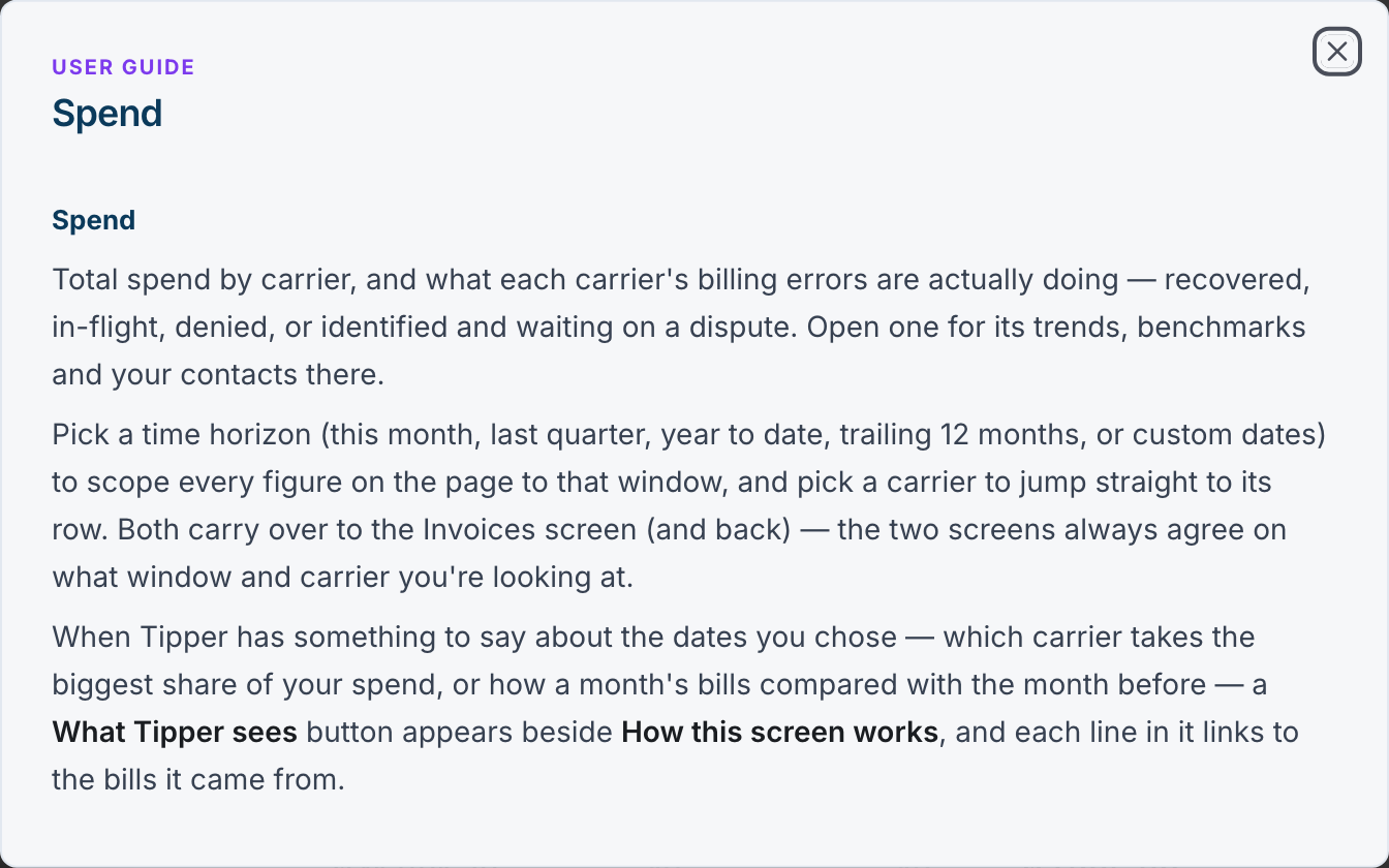 The How this screen works panel: the user guide's Spend page